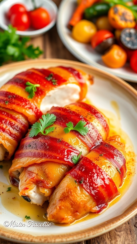 Bacon-wrapped chicken on a plate, garnished with parsley, served with roasted vegetables.